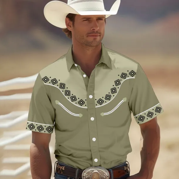 Men's Southwestern Print Shirt Western Shirt Cowboy Shirt Short Sleeve Western Style Tribal Summer Spring Shirt Collar Black Yellow Red Green