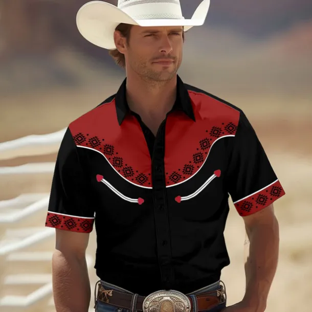 Men's Southwestern Print Shirt Western Shirt Cowboy Shirt Short Sleeve Western Style Tribal Summer Spring Shirt Collar Black Yellow Red Green