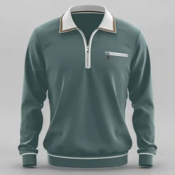 Men's Sport Polo Quarter Zip Polo Street Vacation Quarter Zip Long Sleeve Fashion Basic Solid Color Pocket Spring & Fall Regular Fit Green Dark Grey Sport Polo