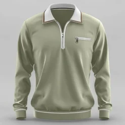 Men's Sport Polo Quarter Zip Polo Street Vacation Quarter Zip Long Sleeve Fashion Basic Solid Color Pocket Spring & Fall Regular Fit Green Dark Grey Sport Polo