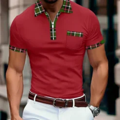 Men's Sports Polo Shirts Golf Shirt Casual Holiday Lapel Quarter Zip Short Sleeve Fashion Basic Plain Quarter Zip Summer Regular Fit Red Sports Polo Shirts