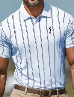 Men's Sports Polo Shirts Sports Lapel Short Sleeve Vertical Stripes Buttons Summer Robin's Egg Blue White Green Sports Polo Shirts