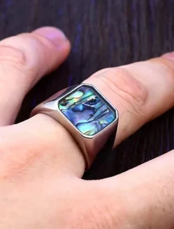 Men's square streamer shell stainless steel ring, gold and silver, fashionable and individual, suitable for daily vacation wear and casual gatherings