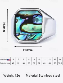 Men's square streamer shell stainless steel ring, gold and silver, fashionable and individual, suitable for daily vacation wear and casual gatherings