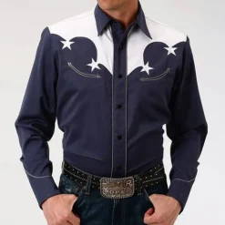 Men's Star Western Shirt Button Up Shirt Cowboy Shirt Long Sleeve Western Daily Fall & Winter Turndown Collared Shirts 3D Print Front Pocket Navy Blue
