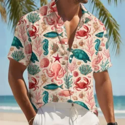 Men's Starfish Turtles Sea Creatures Shirt Summer Hawaiian Shirt Button Up Shirt Short Sleeve Hawaiian Resort Vacation Holiday Beach Wear Summer Spring Turndown 3D Print Collared Shirts Pink Apricot