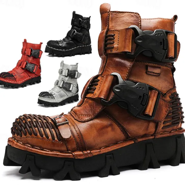 Men's Steampunk Motorcycle Boots with Double Buckle Straps and Rugged Sole, Brown Leather Gothic Footwear for Riding and Cosplay