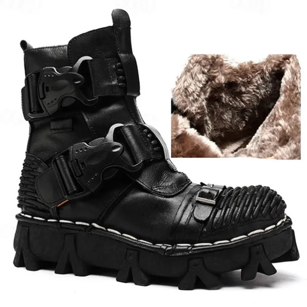 Men's Steampunk Motorcycle Boots with Double Buckle Straps and Rugged Sole, Brown Leather Gothic Footwear for Riding and Cosplay