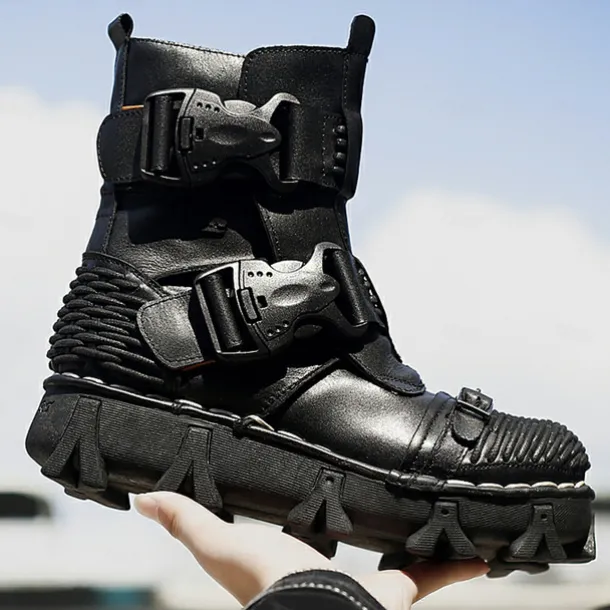 Men's Steampunk Motorcycle Boots with Double Buckle Straps and Rugged Sole, Brown Leather Gothic Footwear for Riding and Cosplay