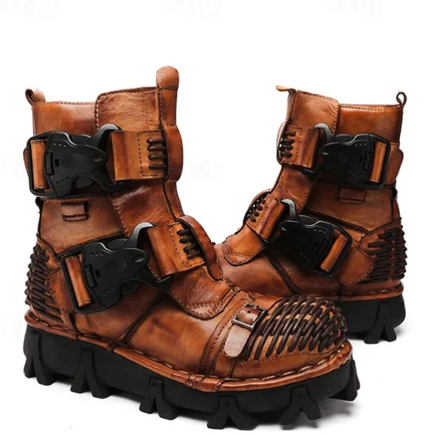 Men's Steampunk Motorcycle Boots with Double Buckle Straps and Rugged Sole, Brown Leather Gothic Footwear for Riding and Cosplay