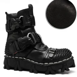 Men's Steampunk Motorcycle Boots with Double Buckle Straps and Rugged Sole, Brown Leather Gothic Footwear for Riding and Cosplay