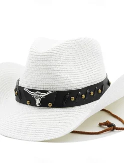Men's Straw Hat Sun Hat Cowboy Hat Fedora Trilby Hat Black White Straw Rope Vintage Style Fashion 18th Century State of Texas Daily Theme Party Solid / Plain Color Sunscreen Cosplay