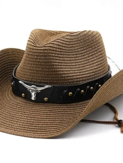 Men's Straw Hat Sun Hat Cowboy Hat Fedora Trilby Hat Black White Straw Rope Vintage Style Fashion 18th Century State of Texas Daily Theme Party Solid / Plain Color Sunscreen Cosplay