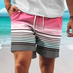 Men's Stripe Geometric Pattern Gradient Color Swim Shorts Board Shorts Swimming Trunks Mid Waist Hawaiian Casual Holiday Beach Drawstring with Mesh lining Elastic Waist Designer Clothing Apparel