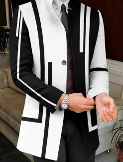 Men's Stripe Geometry Winter Coat Overcoat Coat Warm Breathable Comfortable Business Work Wear to work Going out Pocket Print Fall & Winter Stand Collar Long Sleeve White Yellow Red