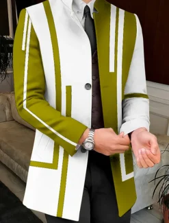 Men's Stripe Geometry Winter Coat Overcoat Coat Warm Breathable Comfortable Business Work Wear to work Going out Pocket Print Fall & Winter Stand Collar Long Sleeve White Yellow Red