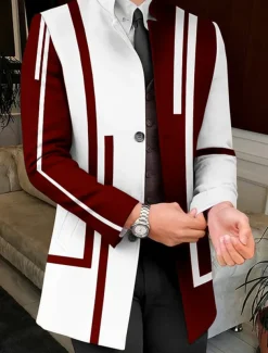 Men's Stripe Geometry Winter Coat Overcoat Coat Warm Breathable Comfortable Business Work Wear to work Going out Pocket Print Fall & Winter Stand Collar Long Sleeve White Yellow Red