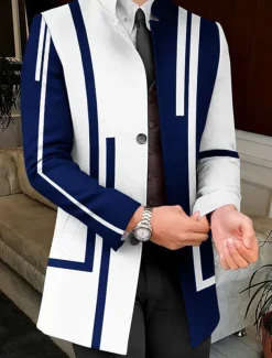 Men's Stripe Geometry Winter Coat Overcoat Coat Warm Breathable Comfortable Business Work Wear to work Going out Pocket Print Fall & Winter Stand Collar Long Sleeve White Yellow Red