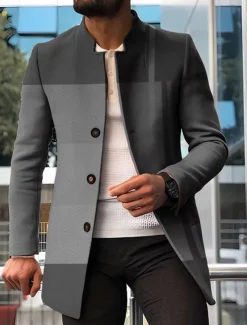 Men's Stripe Geometry Winter Coat Overcoat Coat Warm Breathable Comfortable Fashion Streetwear Business Work Wear to work Going out Pocket Print Fall & Winter Turndown Long Sleeve Red Blue Orange