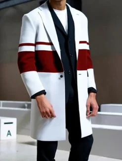 Men's Stripe Winter Coat Overcoat Coat Warm Breathable Comfortable Fashion Streetwear Business Work Wear to work Going out Pocket Print Fall & Winter Turndown Long Sleeve White Red Blue