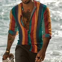 Men's Striped Geometric Pattern Shirt Button Up Shirt Long Sleeve Fashion Designer Casual Outdoor Daily Fall Winter Collar Print Button-Down Light Green Pink Red Purple Green