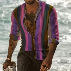 Men's Striped Geometric Pattern Shirt Button Up Shirt Long Sleeve Fashion Designer Casual Outdoor Daily Fall Winter Collar Print Button-Down Light Green Pink Red Purple Green