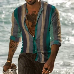 Men's Striped Geometric Pattern Shirt Button Up Shirt Long Sleeve Fashion Designer Casual Outdoor Daily Fall Winter Collar Print Button-Down Light Green Pink Red Purple Green