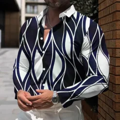 Men's Striped Geometric Pattern Shirt Dress Shirt Button Up Shirt Long Sleeve Business Casual Daily Fall Winter Spring & Summer Turndown Button Up 3D Print Black Blue Green
