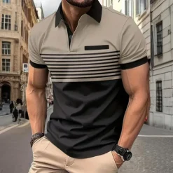 Men's Striped Polo Shirts Golf Shirt Short Sleeve Polo Shirts Collared Shirts Business Casual WorkWear Formal Wear Festival Wear Buttons 3D Print Spring & Summer White Wine Orange