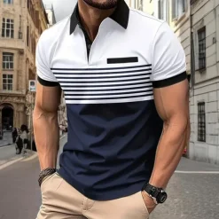 Men's Striped Polo Shirts Golf Shirt Short Sleeve Polo Shirts Collared Shirts Business Casual WorkWear Formal Wear Festival Wear Buttons 3D Print Spring & Summer White Wine Orange