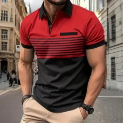 Men's Striped Polo Shirts Golf Shirt Short Sleeve Polo Shirts Collared Shirts Business Casual WorkWear Formal Wear Festival Wear Buttons 3D Print Spring & Summer White Wine Orange