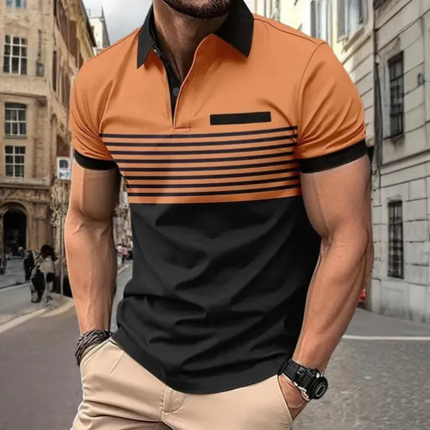 Men's Striped Polo Shirts Golf Shirt Short Sleeve Polo Shirts Collared Shirts Business Casual WorkWear Formal Wear Festival Wear Buttons 3D Print Spring & Summer White Wine Orange