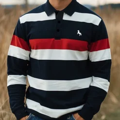 Men's Striped Rugby Polo Shirts Long Sleeve Polo Shirts Collar Business Casual Formal Outdoor Street Dailywear Buttons 3D Print Spring Fall Winter Red Blue Purple