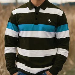 Men's Striped Rugby Polo Shirts Long Sleeve Polo Shirts Collar Business Casual Formal Outdoor Street Dailywear Buttons 3D Print Spring Fall Winter Red Blue Purple