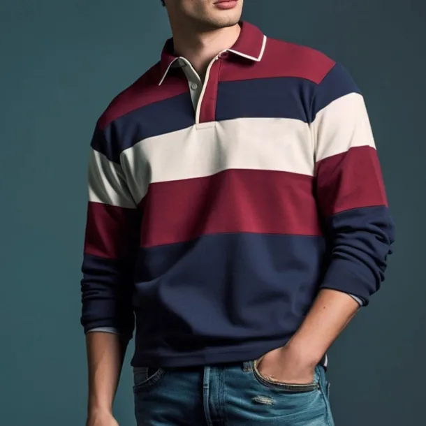 Men's Striped Rugby Polo Shirts Long Sleeve Polo Shirts Zip Casual Outdoor Casual Daily Streetwear 3D Print Fall & Winter Yellow Wine Red