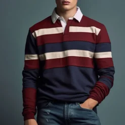 Men's Striped Rugby Polo Shirts Long Sleeve Polo Shirts Zip Casual Outdoor Casual Daily Streetwear 3D Print Fall & Winter Yellow Wine Red