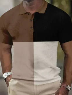 Men's Striped Rugby Polo Short Sleeve Polo Shirts Collared Shirts Business Casual School Formal Dailywear Business Buttons 3D Print Summer Dark Brown Dark Green Dark Blue