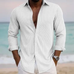 Men's Striped Shirt Button Up Shirt Casual Dress Shirt Long Sleeve Fashion Casual Office Dailywear Spring Fall Turndown 3D Print Linen Like Shirt White Pink Blue Purple Green