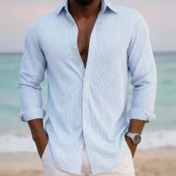 Men's Striped Shirt Button Up Shirt Casual Dress Shirt Long Sleeve Fashion Casual Office Dailywear Spring Fall Turndown 3D Print Linen Like Shirt White Pink Blue Purple Green