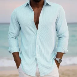 Men's Striped Shirt Button Up Shirt Casual Dress Shirt Long Sleeve Fashion Casual Office Dailywear Spring Fall Turndown 3D Print Linen Like Shirt White Pink Blue Purple Green