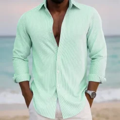Men's Striped Shirt Button Up Shirt Casual Dress Shirt Long Sleeve Fashion Casual Office Dailywear Spring Fall Turndown 3D Print Linen Like Shirt White Pink Blue Purple Green