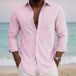 Men's Striped Shirt Button Up Shirt Casual Dress Shirt Long Sleeve Fashion Casual Office Dailywear Spring Fall Turndown 3D Print Linen Like Shirt White Pink Blue Purple Green