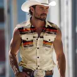 Men's Striped Shirt Western Shirt Cowboy Shirt Sleeveless Western Style Outdoor Work Causal Summer Spring Shirt Collar Red Blue Khaki Gray