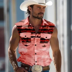 Men's Striped Shirt Western Shirt Cowboy Shirt Sleeveless Western Style Outdoor Work Causal Summer Spring Shirt Collar Red Blue Khaki Gray