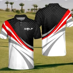 Men's Striped Sports Polo Shirts Golf Shirt Short Sleeve Polo Shirts Collared Shirts Casual Sportswear Vacation Wear Buttons 3D Print Black Yellow Red