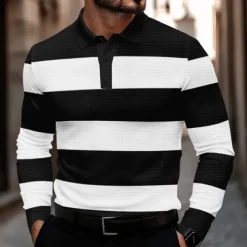 Men's Striped Waffle Polo Shirts Golf Shirt Long Sleeve Polo Shirts Collared Shirts Casual Business Casual Home Office Dailywear Buttons 3D Print Spring Fall Winter Black And White Blue Gray