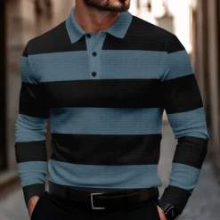 Men's Striped Waffle Polo Shirts Golf Shirt Long Sleeve Polo Shirts Collared Shirts Casual Business Casual Home Office Dailywear Buttons 3D Print Spring Fall Winter Black And White Blue Gray