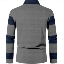Men's Striped Waffle Polo Shirts Golf Shirt Long Sleeve Polo Shirts Collared Shirts Casual Business Casual Home Office Dailywear Buttons 3D Print Spring Fall Winter Black And White Blue Gray