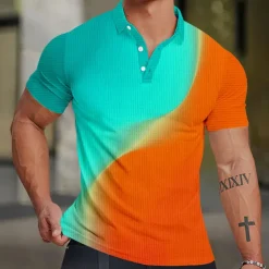 Men's Striped Waffle Polo Shirts Golf Shirt Short Sleeve Polo Shirts Collared Shirts Casual Beach Wear Vacation Wear Party Outfits Buttons 3D Print Summer Spring Yellow Orange