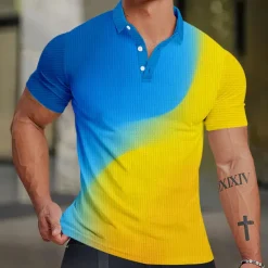 Men's Striped Waffle Polo Shirts Golf Shirt Short Sleeve Polo Shirts Collared Shirts Casual Beach Wear Vacation Wear Party Outfits Buttons 3D Print Summer Spring Yellow Orange